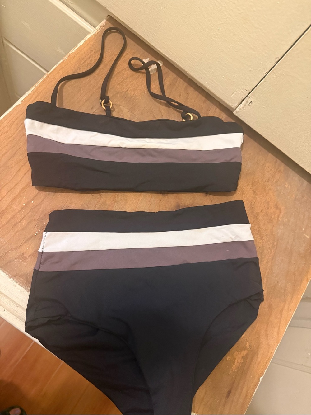 Reversible Striped Bandeau High-Waist Bikini Set - Black, White & Brown/Gray